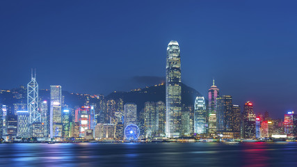 Fototapeta na wymiar Panorama of Victoria Harbor of Hong Kong city at dusk