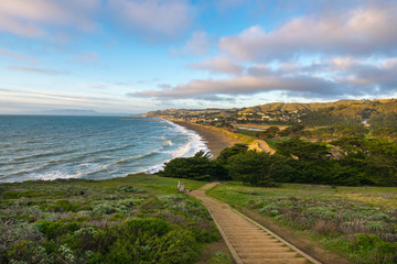 Sunset view at Mori Point over the coastline and Pacific Ocean, Golden Gate National Recreation Area, Mori Point Road, Sharp Park, Pacifica, California, USA, North America