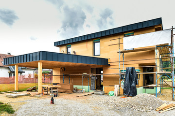 Building energy efficient passive wooden house. - obrazy, fototapety, plakaty
