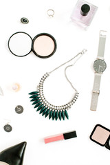 Beauty blog concept. Female make up accessories: watches, necklace, lipstick, shoes, sunglasses on white background. Flat lay, top view trendy fashion feminine background.
