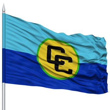 CARICOM Flag on Flagpole , Flying in the Wind, Isolated on White Background