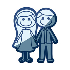 blue silhouette of caricature couple in formal suit and her in dress with taken hands vector illustration