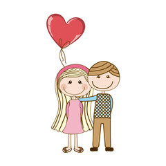 colorful caricature of couple in formal suit and her in dress with balloon in shape of heart vector illustration