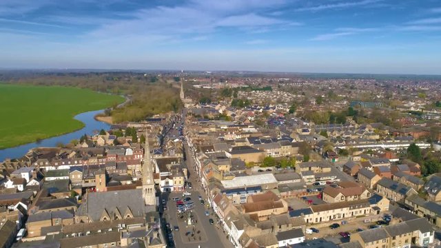 British market town view backwards motion, aerial shot