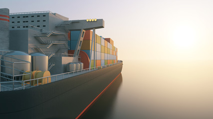 View of Cargo Tanker Ship Sailing Across the Ocean at Sunset. 3D Rendering