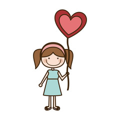 colorful caricature of smiling girl in dress with balloon in shape of heart vector illustration
