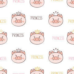 Cute princess pig pattern. Vector background for kids design. 