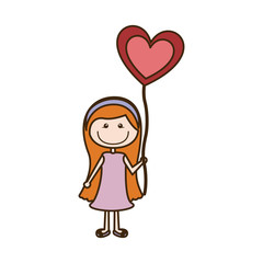 colorful caricature of smiling girl with dress and long hair with balloon in shape of heart vector illustration