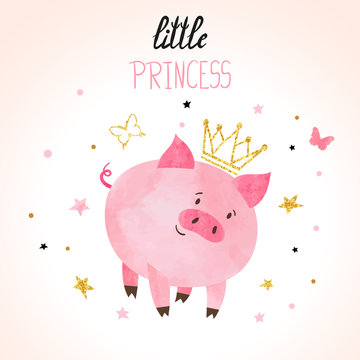 Little princess pig vector illustration. Cute watercolor piggy.
