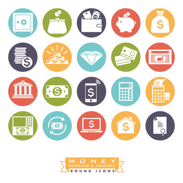 Money, banking and finance round color icon set