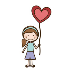 colorful caricature of smiling girl with short pants and ponytail hair and balloon in shape of heart vector illustration