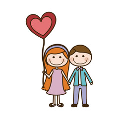 colorful caricature of couple him in formal suit and her in dress with balloon in shape of heart vector illustration