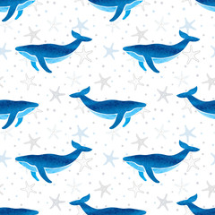 Seamless watercolor whale pattern. Vector marine background. 