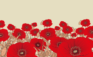 stylized poppy flowers field in red and ivory shades