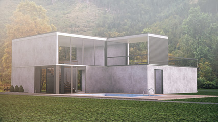 Fototapeta na wymiar Modern House in Mountains Landscape in Minimalistic Desing. 3D Rendering