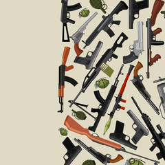 military gun set, automatic and hand weapon in magazine barrel with bullets for protection shoting or war collection, handgun for hunting equipment, ammunition background vector illustration