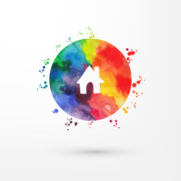 Vector rainbow grungy watercolor icon inside circle with paint stains and blots.