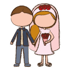 blurred colorful faceless cartoon groom with formal suit and bride with side hairstyle vector illustration