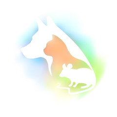 Colored logo for veterinary clinic and pet shop. Vector dog, cat and mouse silhouette on a white background.