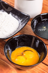American pancakes recipe ingredients on the rustic wooden table