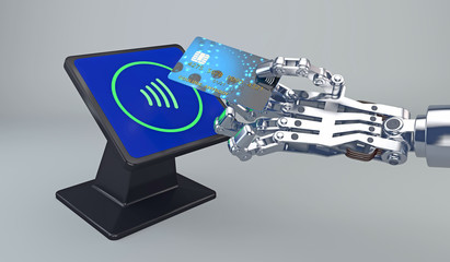 3D illustration of a robot hand paying with NFC technology at a tap and pay terminal with a credit card. Credit card, terminal and payment graphics are fictitious.