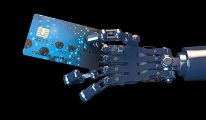 3D illustration of a robot hand holding for a generic credit card with NFC technology. Credit card is fictitious.