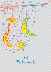 Eid Mubarak background with decorative hanging moon and stars.