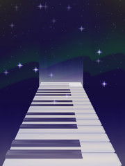 vector road of keys from a piano in the background of the Northern lights. bright stars. the night sky