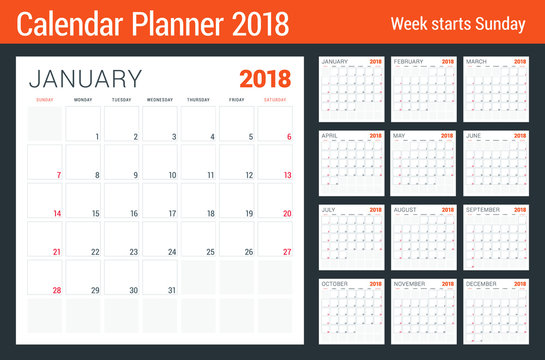 Calendar planner design template for 2018 year. Week starts on Sunday. Stationery design. Set of 12 months