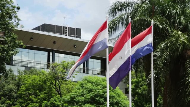 National flag of Paraguay flying at flagpole at front of Legislative Palace. Asuncion, Paraguay 