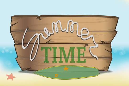 summer time is the inscription in the rope on the boards. on blurred background Sunny beach. old surfboard lying on its side. vector illustration