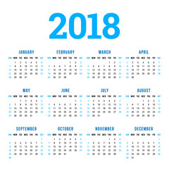 Calendar for 2018 Year on White Background. Week Starts on Sunday. 4 columns, 3 rows. Simple Vector Template. Stationery Design