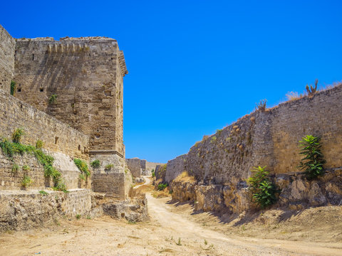 Rhodes old town walls on summer sunny day