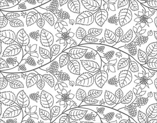Seamless summer pattern with raspberry and leaves. Black and white background with raspberry