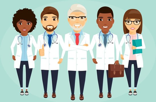 A team of doctors lined up behind the leader. Health, medicine. Different. In flat style on white background. Cartoon.