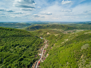 Fototapeta na wymiar Nera Gorges National Park traditional old village for ecotourism. Aerial view from a drone.