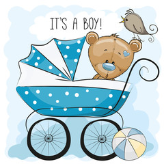 Fototapeta premium Greeting card its a boy with baby carriage