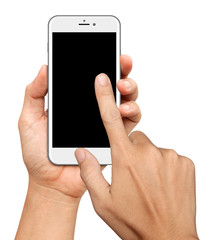 Hand hold and Touch on Curve Screen Smartphone on white background