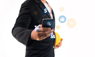 manager use mobile smart phone for manage him works.