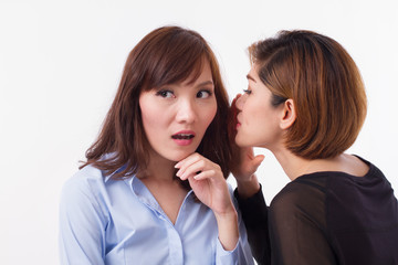 Naklejka premium disappointed woman gossiping, whispering, listening to rumor or hearsay