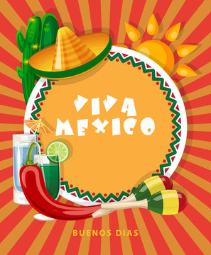 Vector colorful card about Mexico. Travel poster with mexican items.