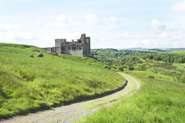 Fototapeta na wymiar Crighton Castle and hills of Midlothian