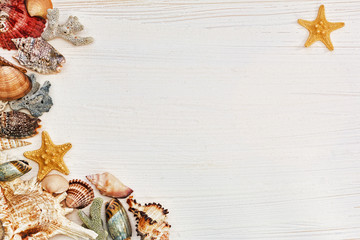 Wooden background with shells and starfish
