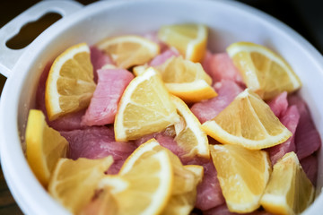 Raw shish kebab marinated in lemon.