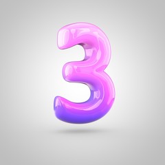 Glossy pink and violet gradient paint alphabet number 3 isolated on white background