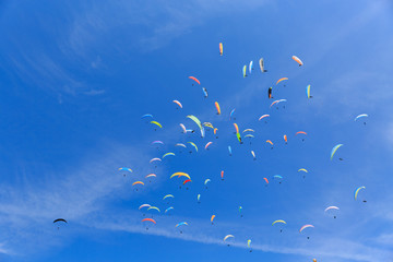 Obraz premium many paragliders on the sky