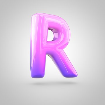Glossy pink and violet gradient paint alphabet letter R uppercase isolated on white background
