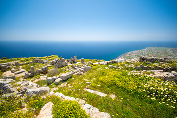 The ruins of ancient Thira, a prehistoric village at the top of the mountain Mesa Vouno, Santorini, Greece.