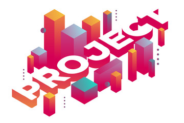 Obraz premium Vector illustration of three dimensional word project with abstract colorful shapes on white background.