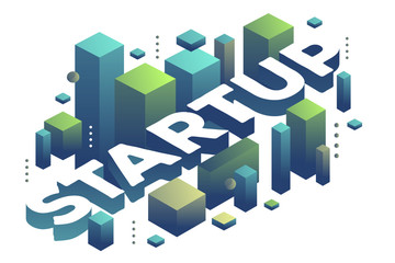 Obraz premium Vector illustration of three dimensional word startup with abstract green and blue shapes on white background.